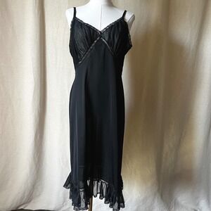 Vintage Black Sheer Lace Trim Slip Dress Nightgown Midi L